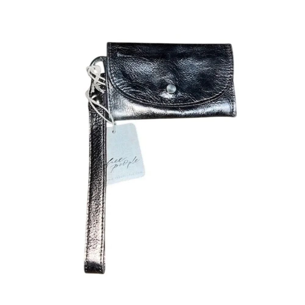 Free People Leather Wristlet Lanyard‎ Wallet Metallic Silver